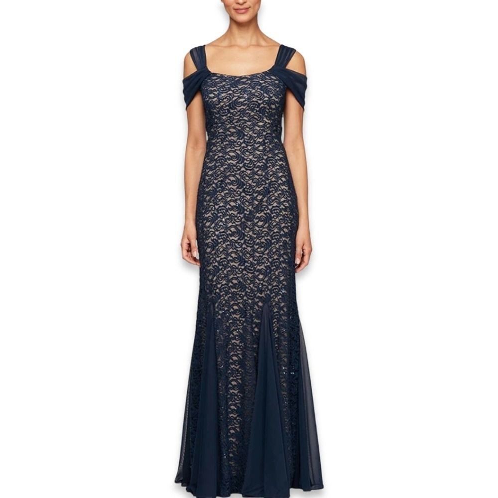 NWT Alex Evenings Fit & Flare Lace Cold Shoulder Navy Sequin Lace Dress Size 8